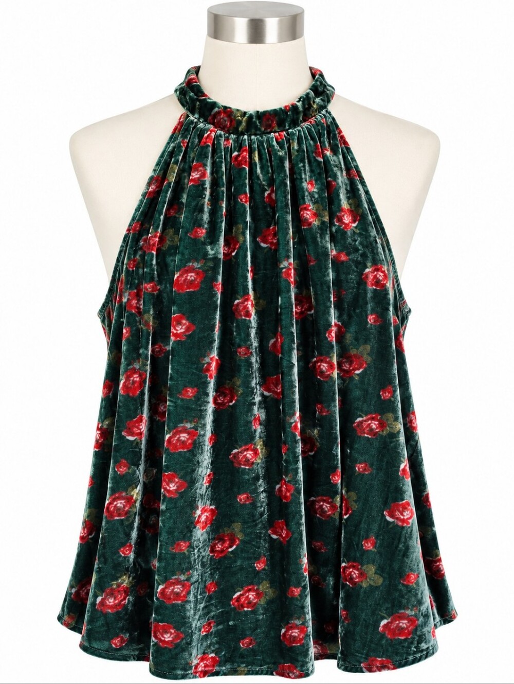 Loft XL Velvet Halter Top Floral Rose Dark Green Shirred Neck Indie Sleeze Goth